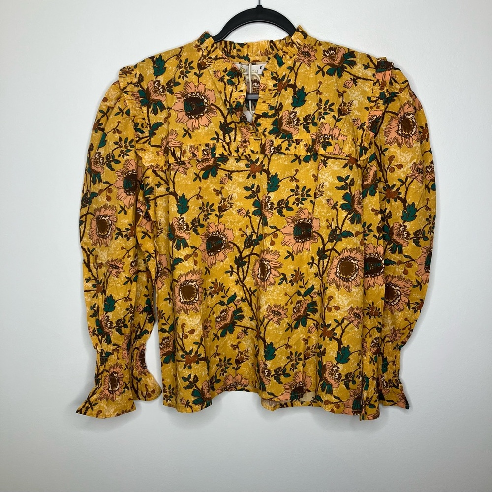 NWT BINDU Corinne Top Mustard Fall Floral Ruffle Medium